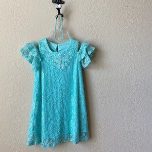 KWDZ Girl Dress Lace Spring Easter Tiffany Blue Sz: 4/5 Years W/ Pearl Headband